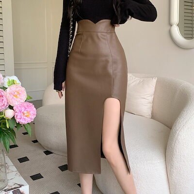 プリーツスカート マキシスカートハーフスカートタイトスカートレザースカートスカート2024韓国ファッション秋puレザースカート半身スカートハイウエスト