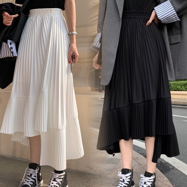 スカート ロング スカート 春夏 プリーツスカート 大きいサイズ シフォン アシメ ウエストゴム ハイウエスト Aライン 白 5,933円