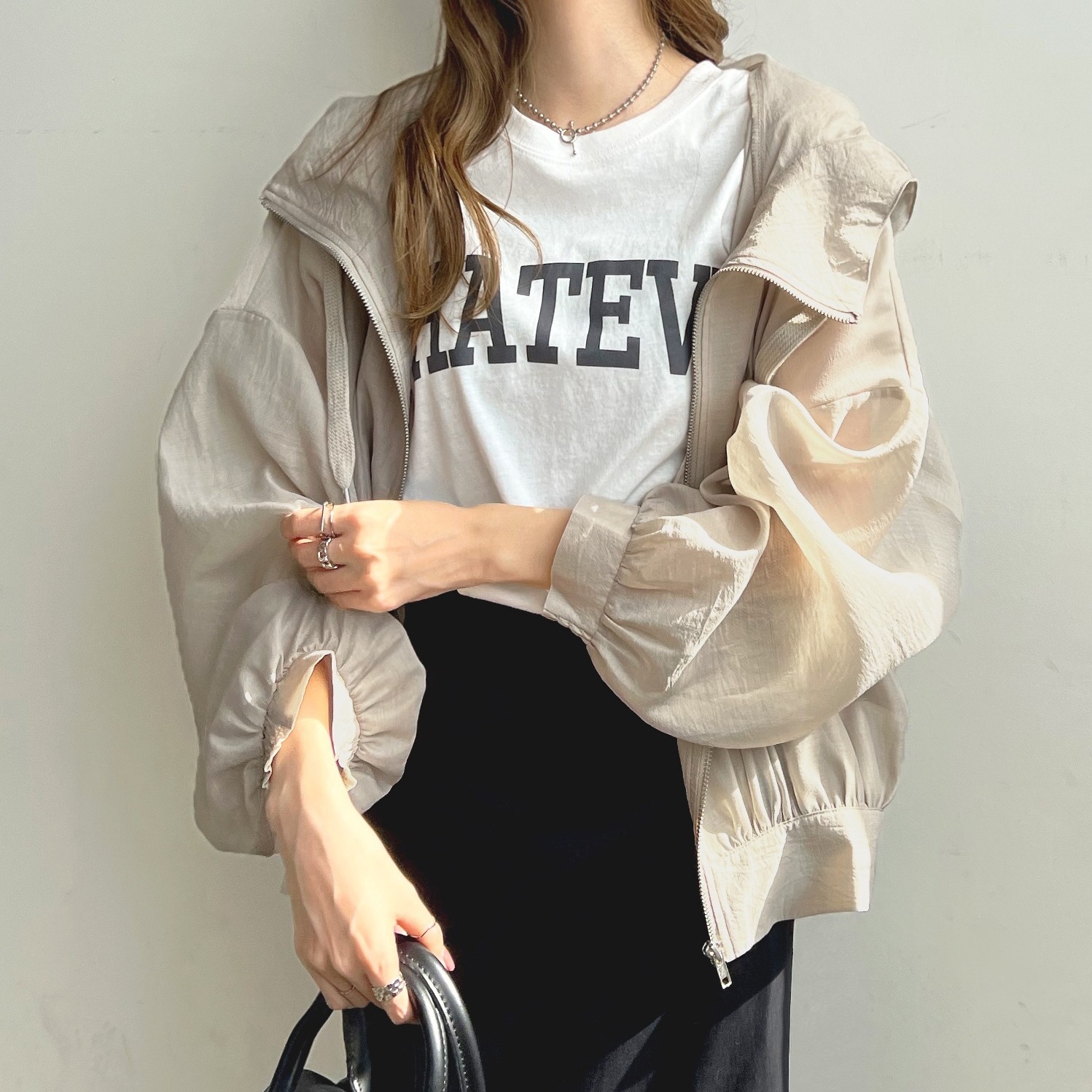 【UVカット】日焼け止め 無地 ジッパー フード付き ボリュームスリーブ 透け感 ジャケット 大人カジュアル