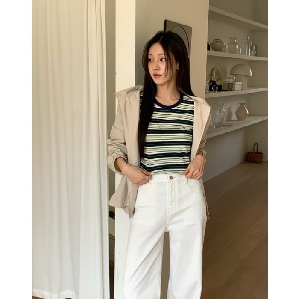 [25SS] マルチストライプリネンブレンドショートスリーブTシャツディープG HSTS5B312E3