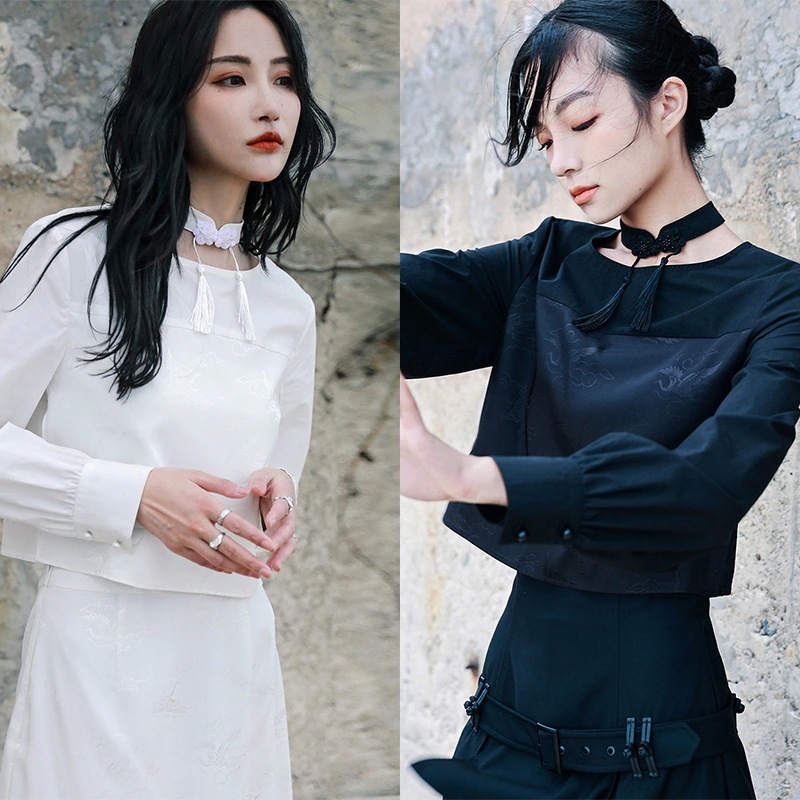 チャイナ風シャツ ブラウス レディース 切り替え チャイナ服 普段着 鶴模様 黒/白 ショート丈