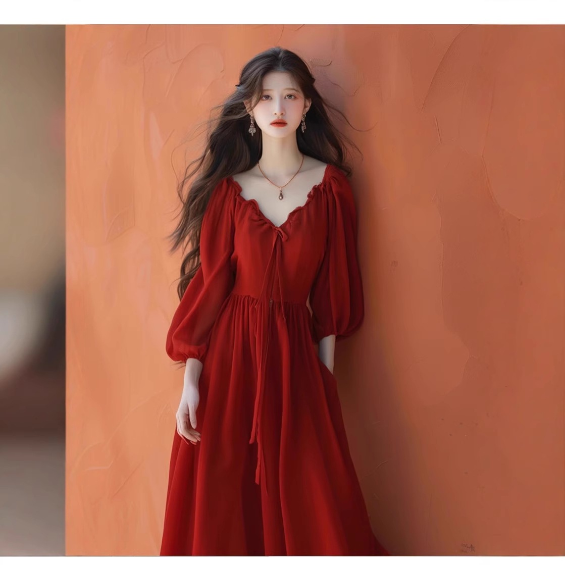 【】2512 ややぽっちゃりさん向け 新作 プラスサイズ フレンチレッド Vネック ドレス Aラインスカート