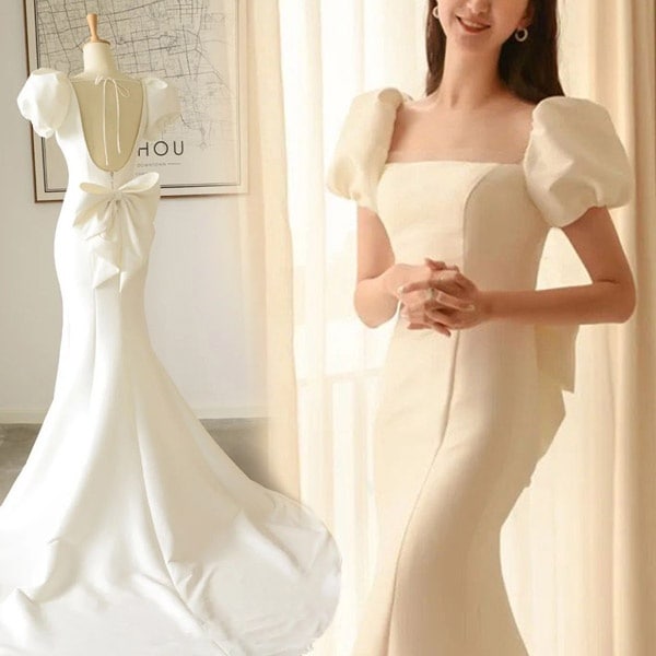 スクエアネック 後リボン ロングドレス トレーンドレス ウエディングドレス ファスナー パフスリーブ マーメイドドレス 白ドレス ワンピース 花嫁 結婚式 二次会 披露宴 前撮り 後撮り 撮影用 ビー