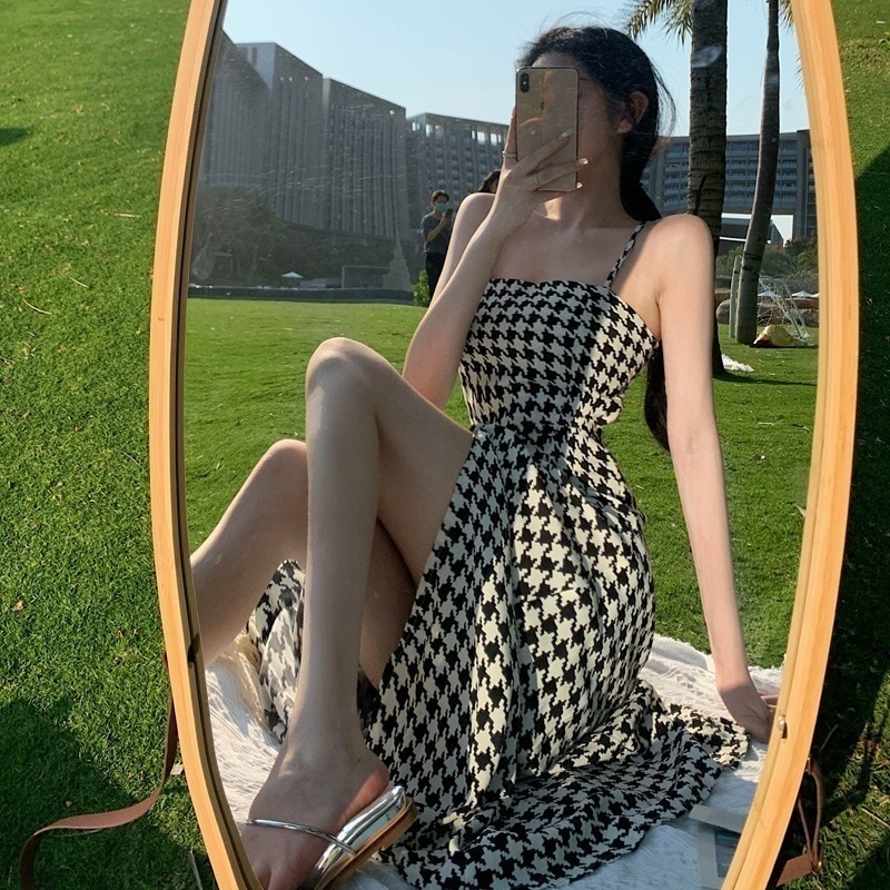 大きいサイズのファットガールフレンチニッチサスペンダードレスレディース夏痩身ロングスカートレトロスリットチェック柄スカートデザイン 4,858円