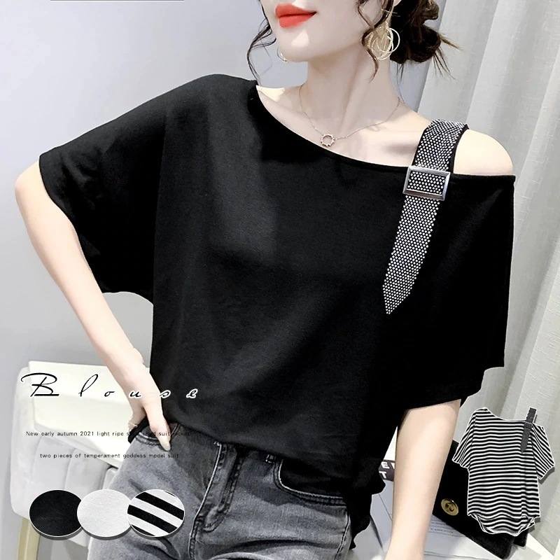20サマースタッドルーズでスリムなセクシーなオフショルダートップデザインハーフスリーブTシャツ女