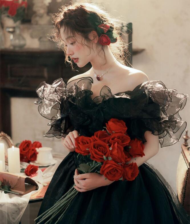 ウェディングドレス 可愛い 花嫁ドレス 前撮りドレス 後撮り ロング オフショルダー エレガントパーティードレス 黒 ピアノ発表会 披露宴 カラードレス お姫様 ワンピース 二次会ドレス 結婚式ドレス