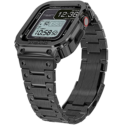 ブラック 44mm コンパチブル for Apple Watch バンド ステンレス ケースバンド 一体型 Series 6/SE/5/4に対応 メタルベルト 耐衝撃 長さ調整器具付き