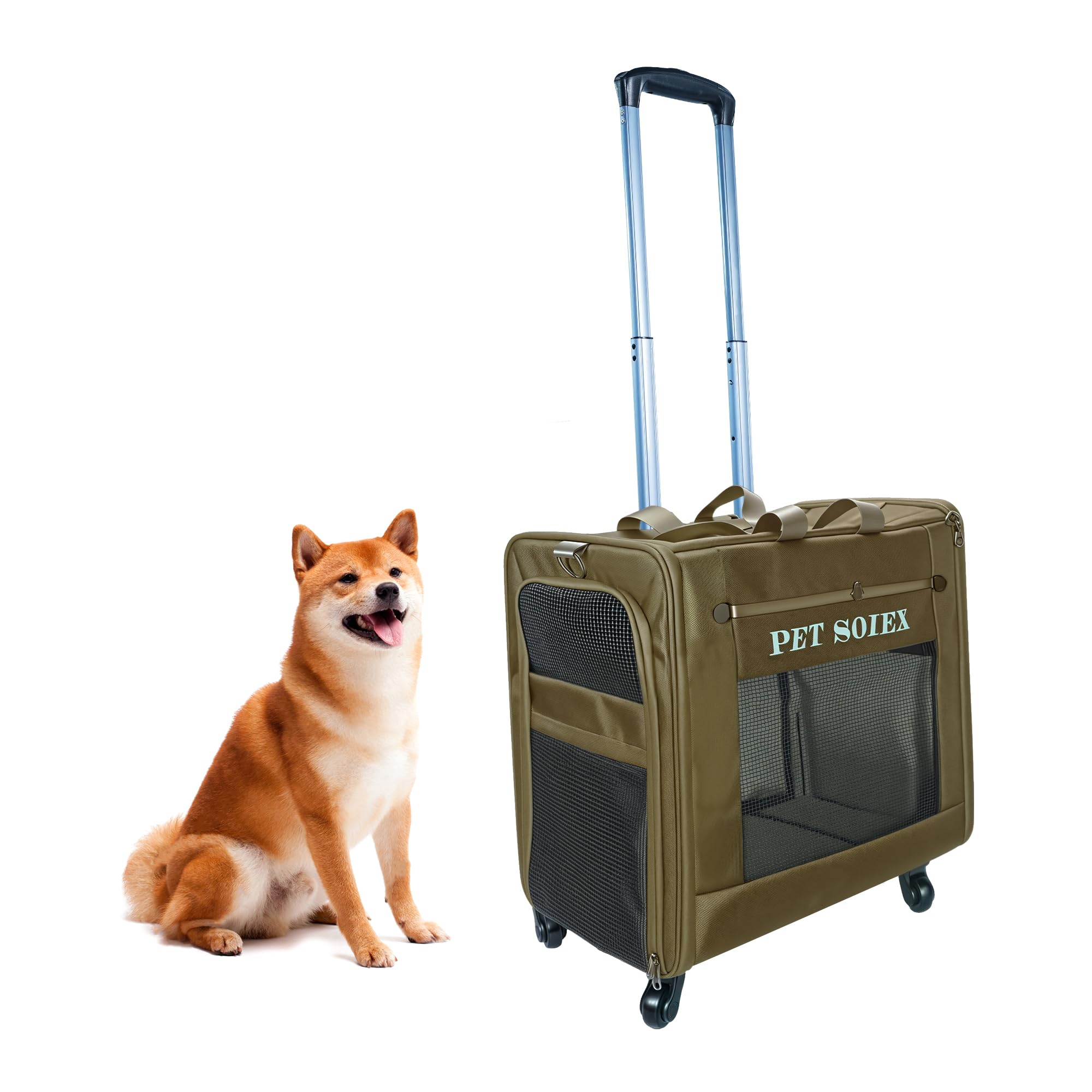 柴犬キャリー 大容量 ペットキャリー キャリーカート キャリーバッグ 犬リュック 犬猫兼用 柴犬ケース 通気性 キャスター付き 飛び出し防止 中型犬 小型犬 猫バッグ 丈夫 (カーキ)