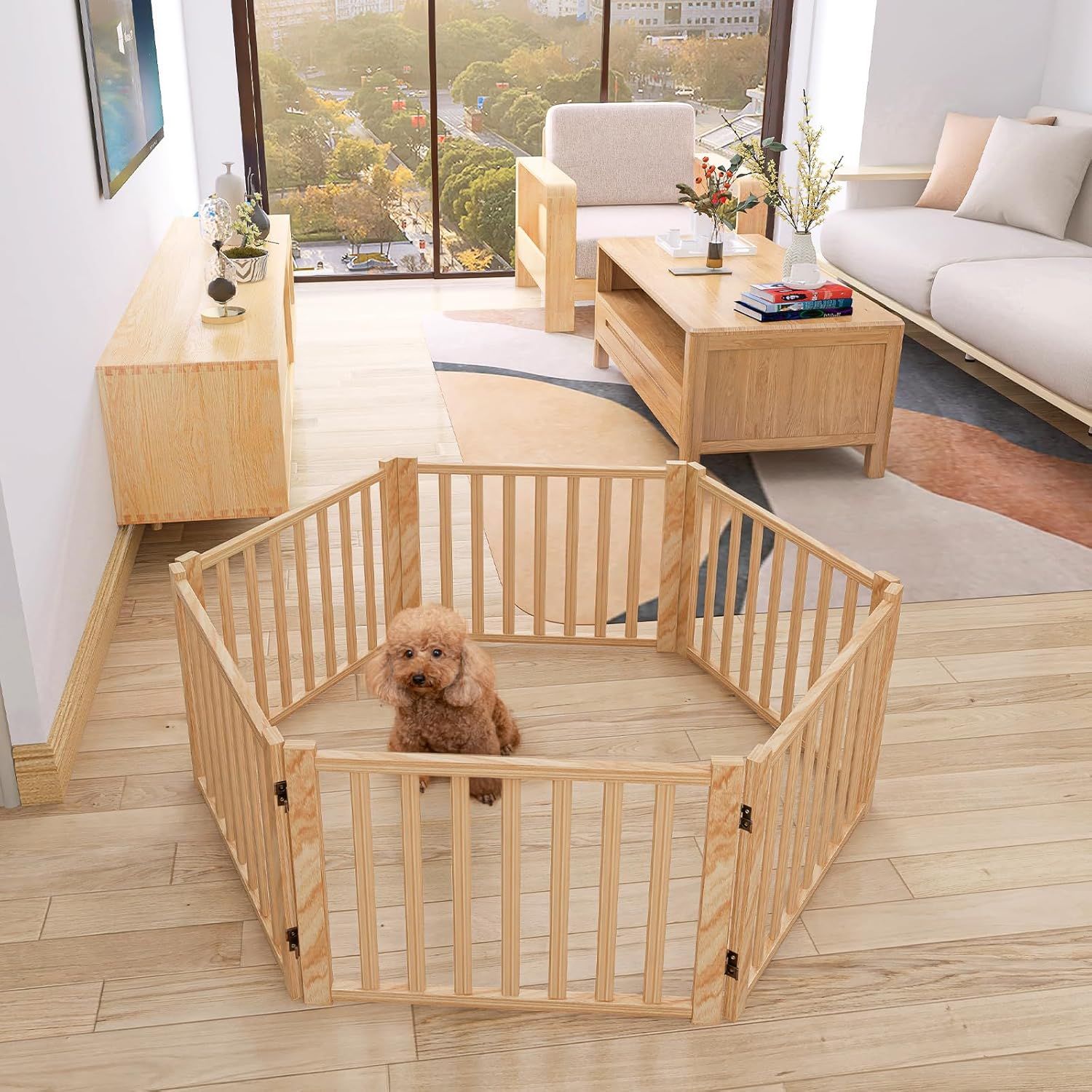 ペットゲート 木製犬ゲート YOCAN ペットフェンス 高さ43cm 長さ351cm 置くだけゲート折りたたみ 倒れない いぬ 柵 室内 犬脱走防止 飛び出し防止 小型犬 中型犬用 天然木 6枚パネル