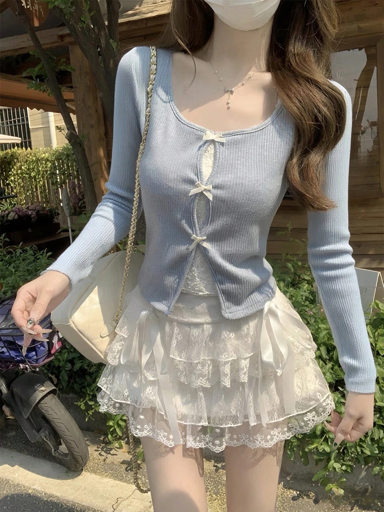 レース パッチワーク 2way 長袖 レディーストップス リボン装飾 かわいいバレンタインデー秋冬春