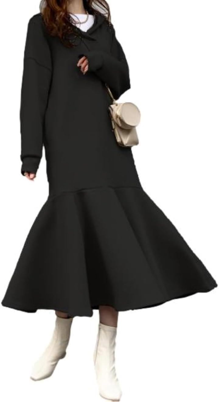 ジェイスコット ワンピース レディース マーメイド ミモレ丈 フード付き パーカー Vネック 長袖 ポケット付き(ブラック, M)