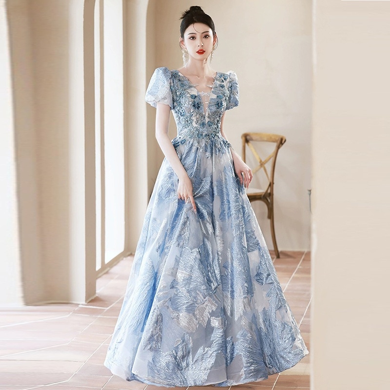 ブルーイブニングドレスエレガントでハイエンド2024年ハイエンド女性ディナーホスト