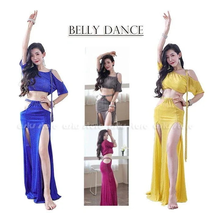 ベリーダンス衣装 上下セット ダンスウェア 色 トップス 肩出し ヘソ出し スカート ラメ入り スリット インナーパンツ付き 練習着 レッスン着 初心者向け ラメ30%までに制限