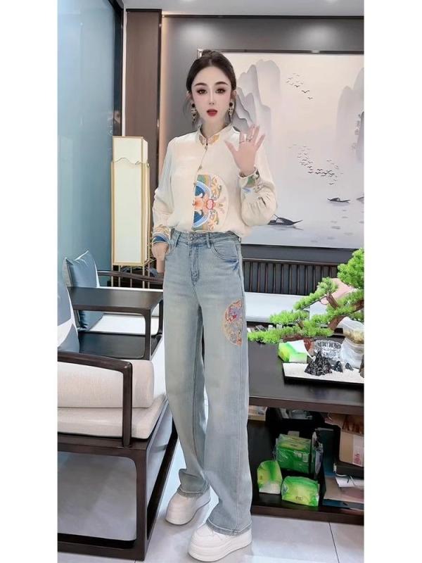 レディース ファッション カジュアル おしゃれ 韓国 初春 アウター ジーンズ ブルー ジャカード デニム ストレート ワイドレッグ パンツ