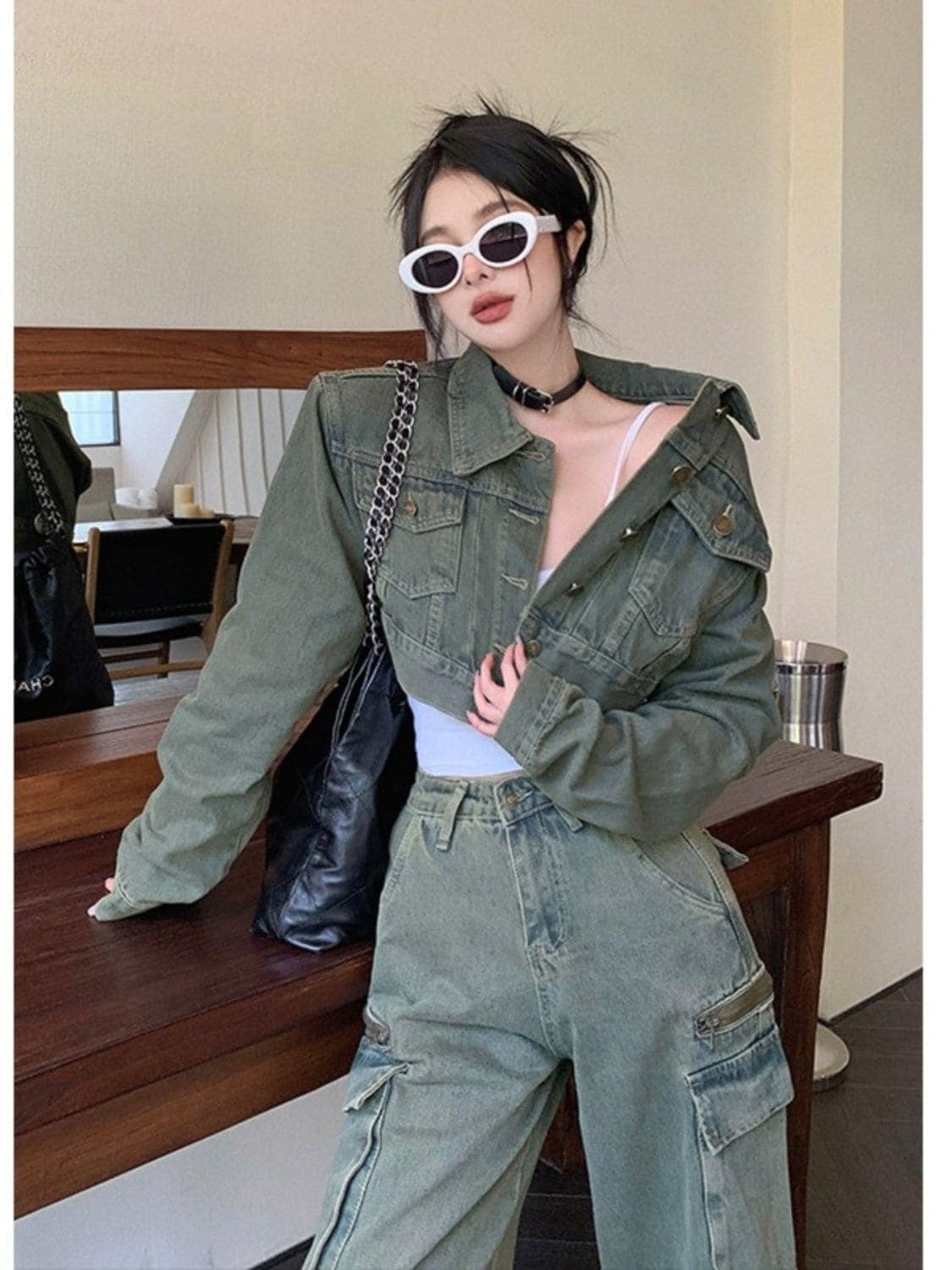 セットアップ今年人気ファッションスーツデニムジャケットワークウェアワイドパンツネットセレブ新作ツーピースレディーススーツ