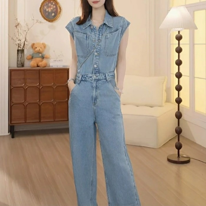 サロペット オールインワン パンツ デニム コンビネゾン レディース エレガント きれいめ カジュアル ロング丈 大人 可愛い 半袖 フェミニン おしゃれ シンプル ハイウエスト ブルー 青 春 夏