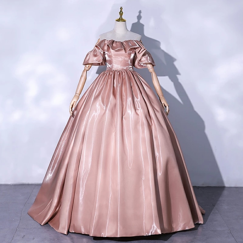 カラードレス オフショルダー パーティードレス 編み上げタイプ プリンセスラインドレス 花嫁 卒業式 演奏会用ドレス 発表会 フォーマルドレス ロングドレス 半袖 イブニングドレス 前撮りドレス 成人