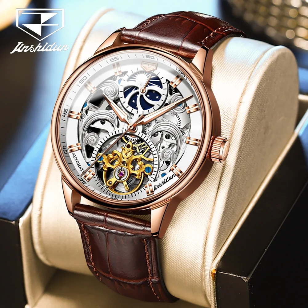 Jsdun-男性用自動巻き時計 革ストラップ 防水スケルトン 透し彫りダイヤル 自動日付 オリジナルビジネス時