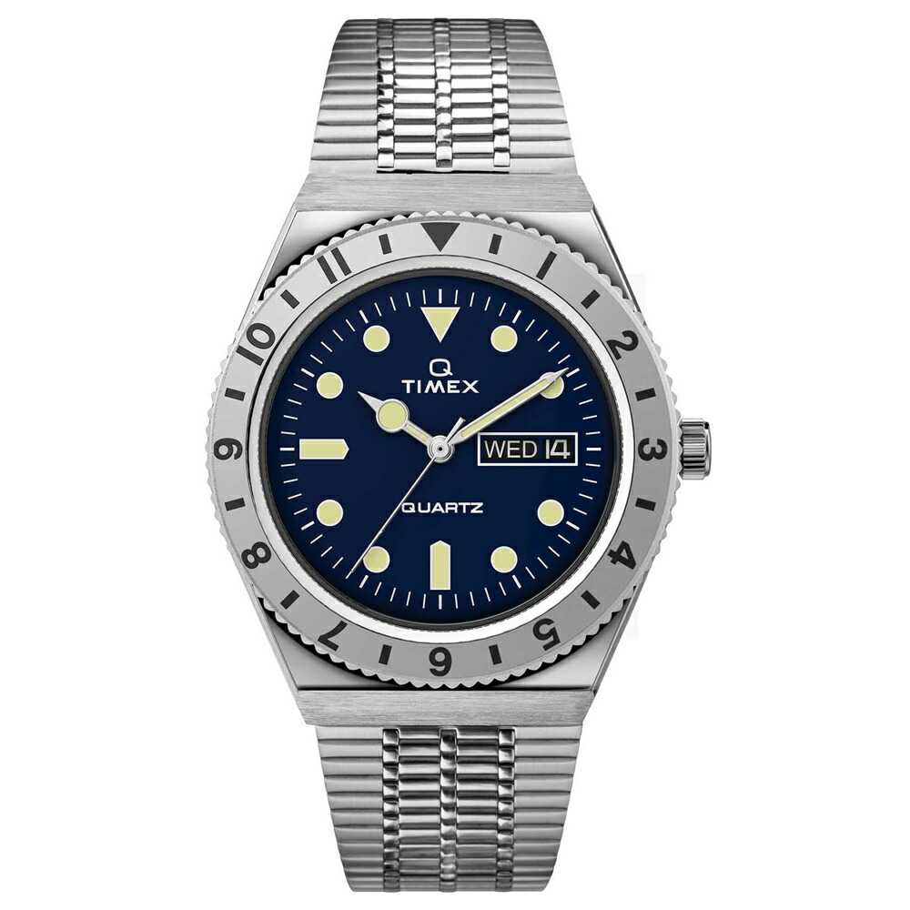 タイメックス 腕時計 手表 メンズ レディース ユニセックス Q TIMEX ネイビー シルバー スチールブレスレット 防水 簡単 電池交換 シンプル かっこいい おしゃれ 時計 記念日 贈り物 サ