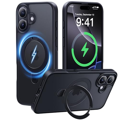 【4in1多機能満載】iPhone 16 用 ケース 米軍MIL規格 耐衝撃 隠しスタンド 横縦両立 指紋防止 マット仕上げ 最大25W急速充電対応 MagSafe対応 黄変防止 半透明 ストラップホ