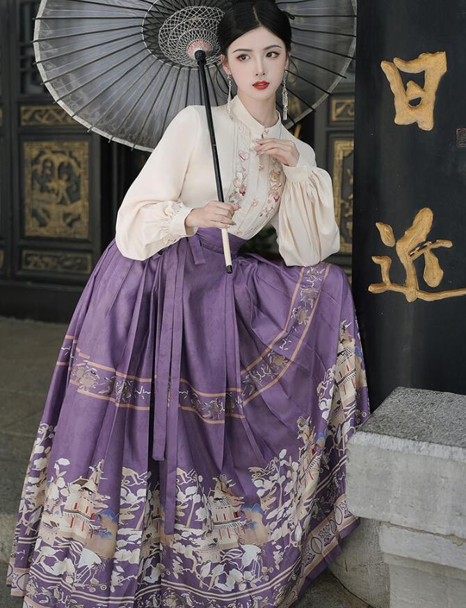 レディース漢服 漢風 改良版漢服 長袖シャツ ロング丈 馬面裙 ラップスカート 巻きスカート 中華風 衣装 ハロウィン コスプレ衣装 演出服 普段も着用可 学園祭 文化祭 撮影衣装 プリント