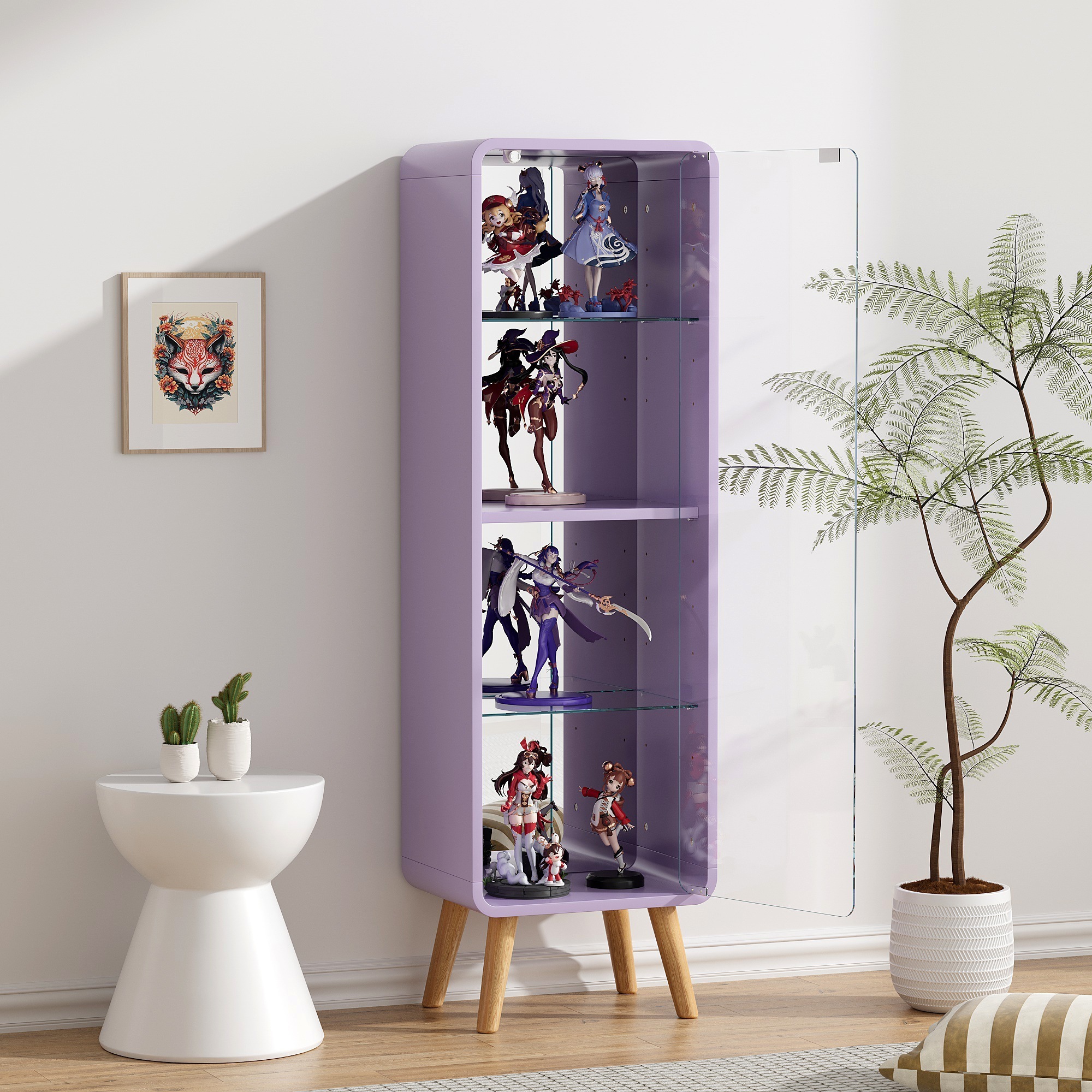 【国内出荷 - 3日配達】コレクションケース コレクションシェルフ ガラスディスプレイキャビネット4段 高さ調節可能 フィギュア 収納 背面ミラー 強化ガラス棚 サイズ：幅36*奥行26.5*高さ12