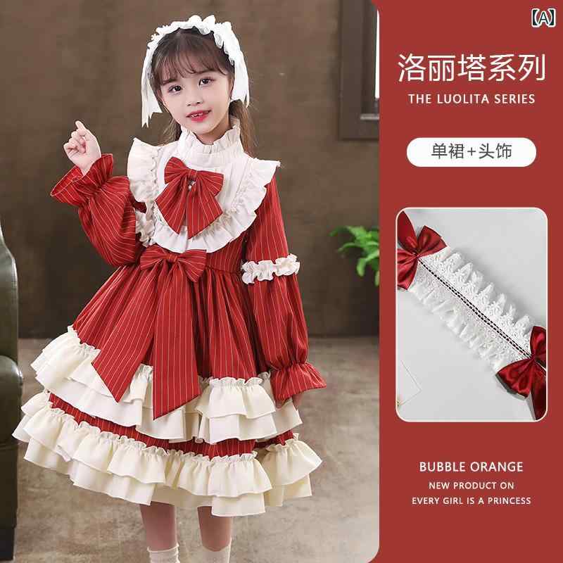 ドレス ロリータ ガール プリンセス お姫様 ミニ ドレス 秋冬 女の子 レッド 子供 キッズ フレア スカート リボン フリル パーティー 発表会 丸襟 大きめ襟 クリスマス会 紅白 お人形