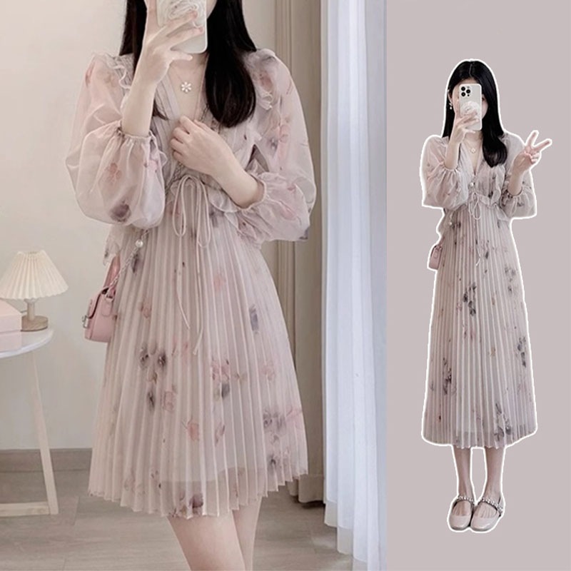 ロングワンピース レディース 花柄 Aライン プリーツワンピース ロング丈 長袖 ゆったり マキシ丈 体型カバー きれいめ 着痩せ 大きいサイズ M L XL XXL 2XL 3XL春 秋 冬