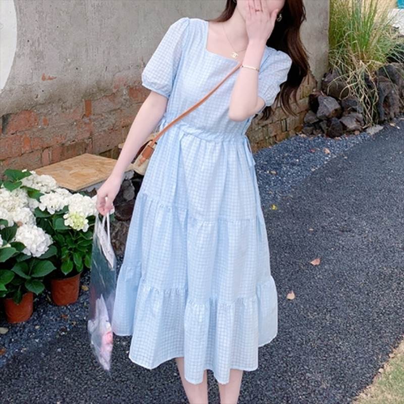 ティアードワンピース シアーチェック柄ワンピース レディース ワンピース ドレス ティアードワンピース ドレスワンピース ワンピドレス スクエアネック 半袖 バルーン擦りオブ ウエストマーク Aライン