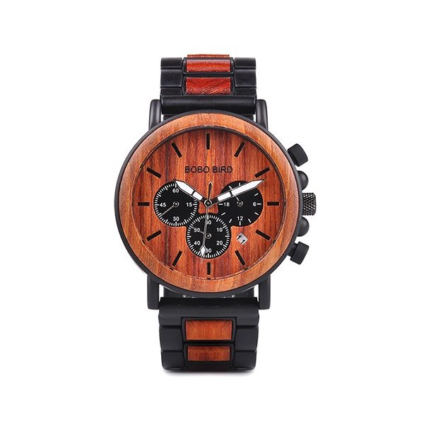 BOBO BIRDゴールドウォッチメンズラグジュアリーブランド木製腕時計日付表示ストップウォッチ Black-red sandal