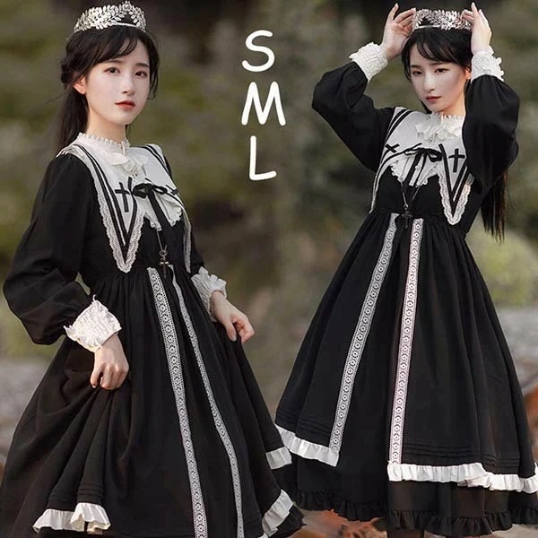 ハロウィン 仮装 大人 女性 ロリータ ゴシック ゴスロリ ワンピース Aライン Lolita パフスリーブ レース フリル 長袖 黒 可愛い ミモレ丈 レディース コスチューム 仮装 ハロウィン 学