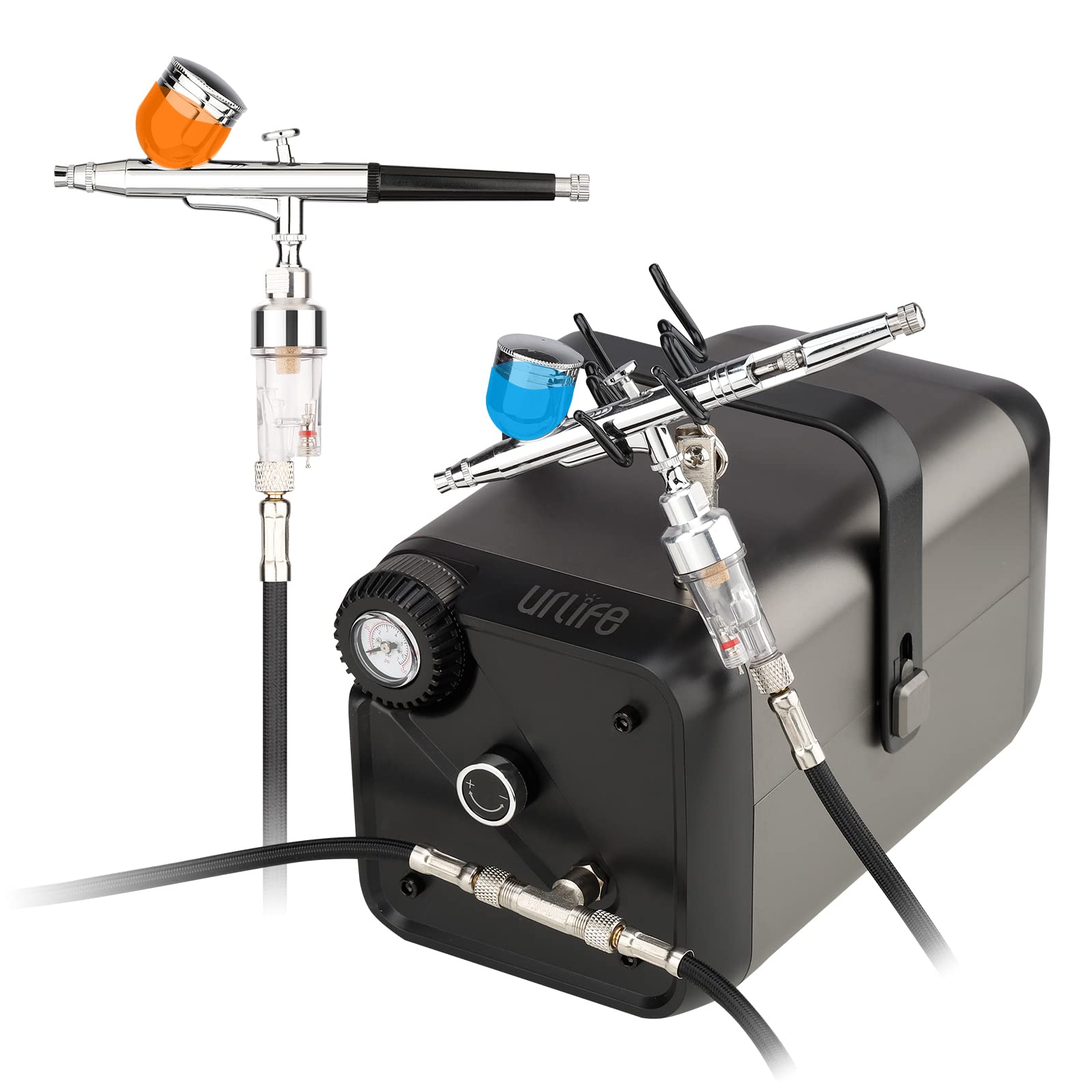 urlife HPADC 2色 エアブラシ コンプレッサー 2本エアブラシを同時に使用できる 色替え時間の短縮 コンプレッサー エアブラシ用 パワフル エアーブラシ エアー圧力無段階調整 長時間連続作