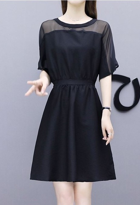 1995.Uネックシースルードレス（ブラック）2019 春夏 sale 春夏 sale ワンピース 五分袖 エレガント お呼ばれ パーティー 結婚式 披露宴 女子会 レストラン デート