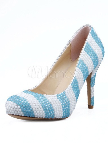 カラーブロックはストライププリントビーズの特許PUハイヒールパンプス