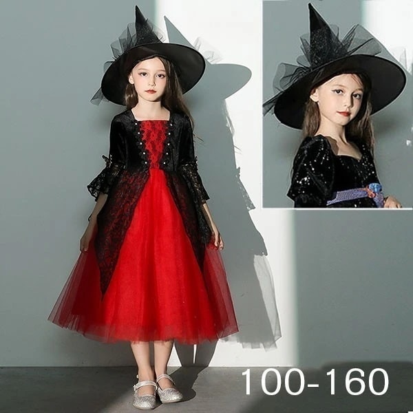 コスプレ 衣装 キッズ 子供服 ハロウィン 魔女 ウィッチ 女の子 ワンピース アンブレラスリーブ 長袖 帽子 ミディ丈 ひざ下丈 ヴィランズ コスプレ衣装 コスチューム 可愛い パーティ イベン 仮