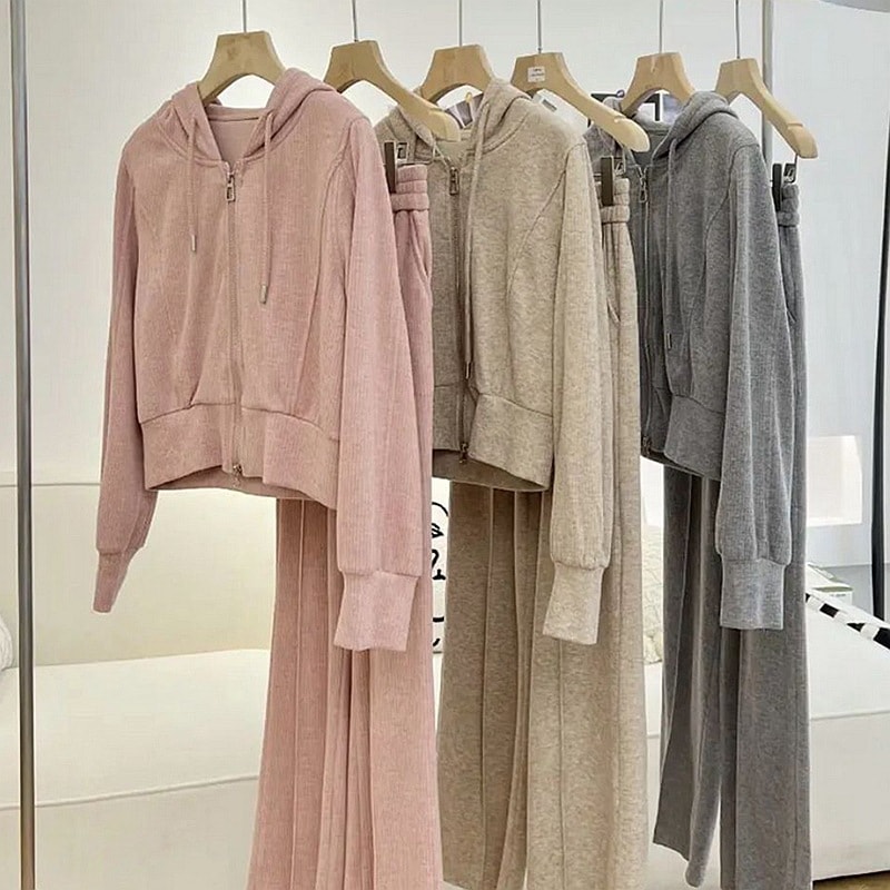 アメリカンフード付きカーディガンスウェットシャツスーツ女性用2024秋ファッショナブルなピンクワイドレッグパンツカジュアル2点セット