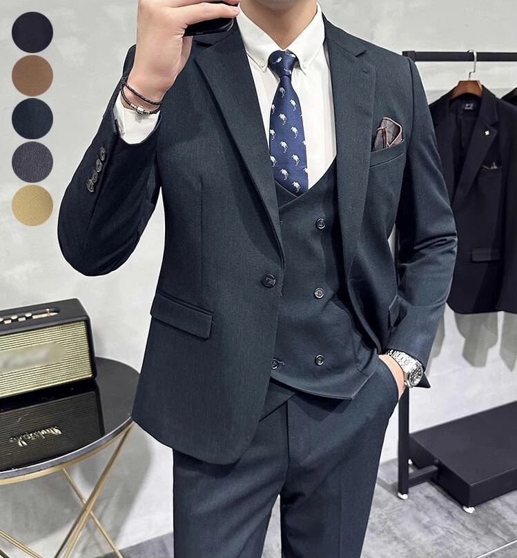 スリーピーススーツ メンズ 通勤 卒業式スーツ 成人式 セットアップ ビジネススーツ 3点セット ジャケット+ベスト+パンツ 韓国風 メンズスーツ 結婚式スーツ 披露宴 紳士服 スーツセット パーティ