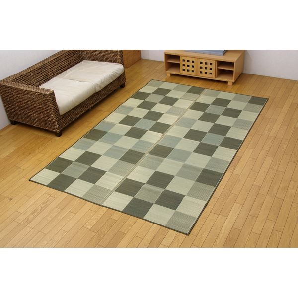 い草 花ござ/ラグマット (ブロック柄 グリーン 江戸間8畳 約348×352cm) 日本製 耐久性抜群 抗菌 防臭 調湿 (リビング)