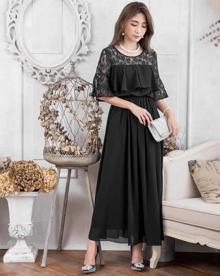 ワンピース パーティードレス 結婚式 ロング 大きいサイズ お呼ばれ レース フリル ドレス マキシ きれいめ 楽チン 女子会 食事会 デート