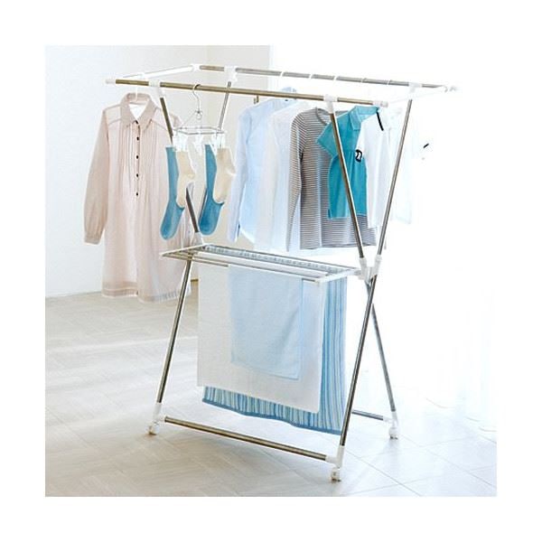 伸縮式室内物干しスタンド/洗濯物干し (X型) 折りたたみ キャスター付き ポーリッシュ