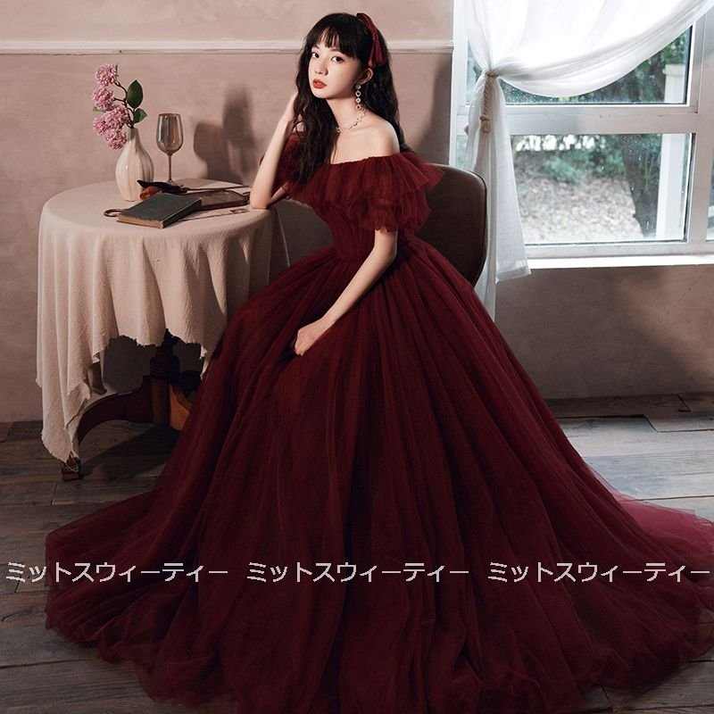 ロングドレス カラードレス 赤 お色直し レッド 結婚式 二次会 Aライン パーティードレス 演奏会