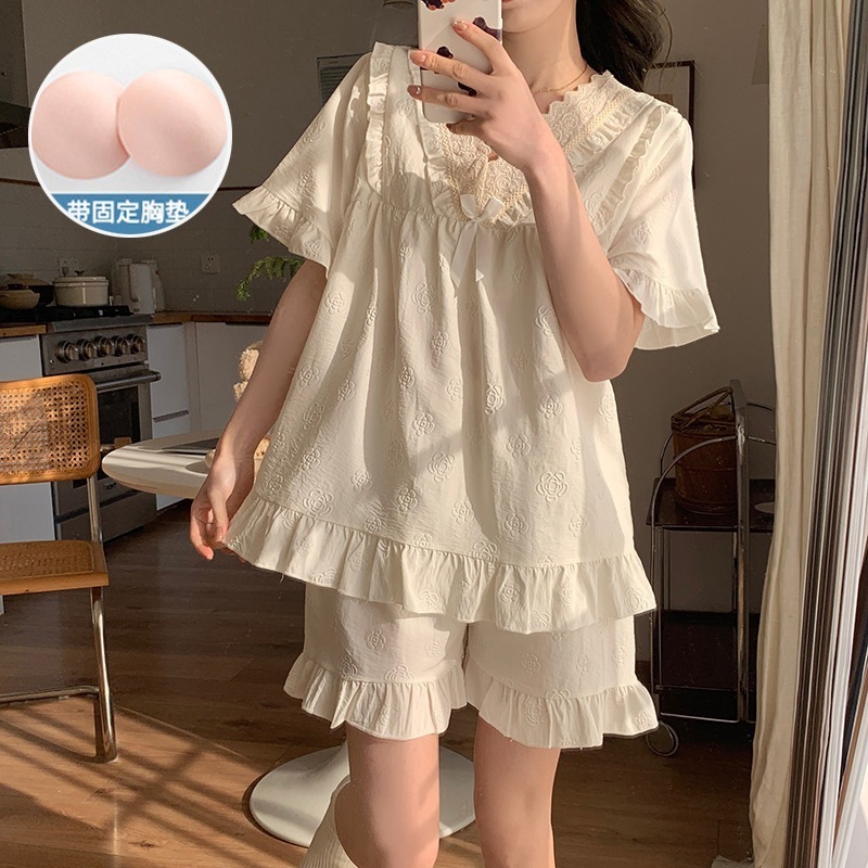 【1点購入 で10点 プレゼント】胸部パッドのある女性のためのプリンセススタイルパジャマ薄雲コットンラッフルショートパンツカジュアルホーム衣類セット