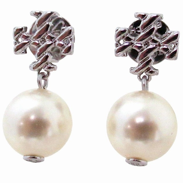 TORY BURCH トリバーチ アウトレット アクセサリー シルバー テクスチャードロープロゴ パール ドロップ ピアス 164142 056