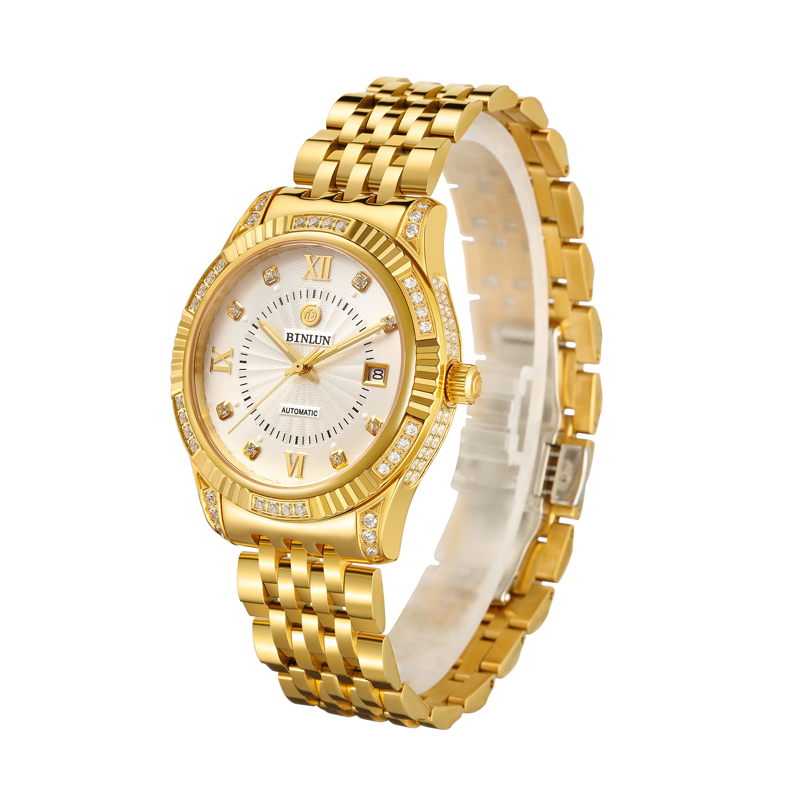 BINLUN メンズ 腕時計 自動機械式 ウォッチ 男性用 夜光 日付表示 ダイヤモンド高級ウォッチ 入り シンプル 優雅 おしゃれ 腕時計(金) [並行輸入品] 19,674円