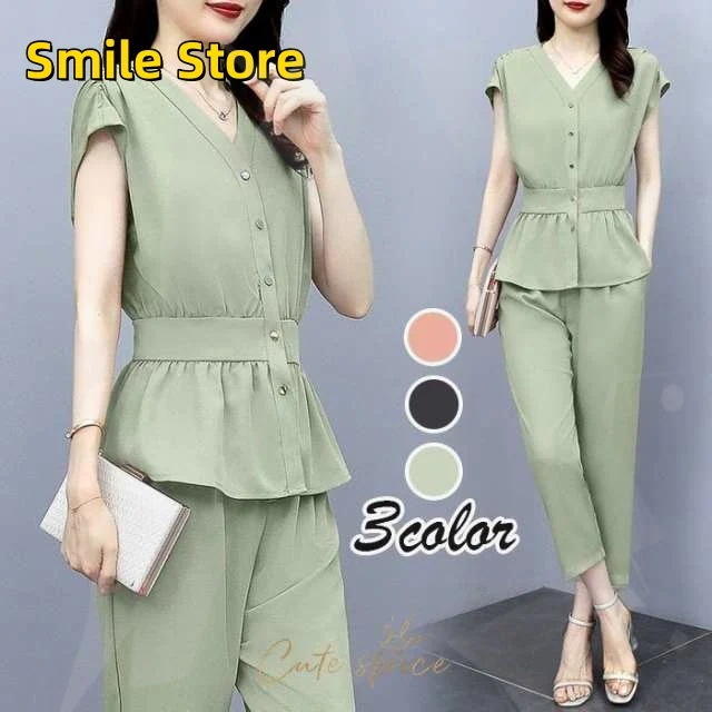 40代 セットアップ OL 30代 シフォン 上下セット オシャレ通勤 レディース 韓国風セットアップ ロング丈パンツ 50代 上品 半袖ブラウス カジュアル 春夏新作
