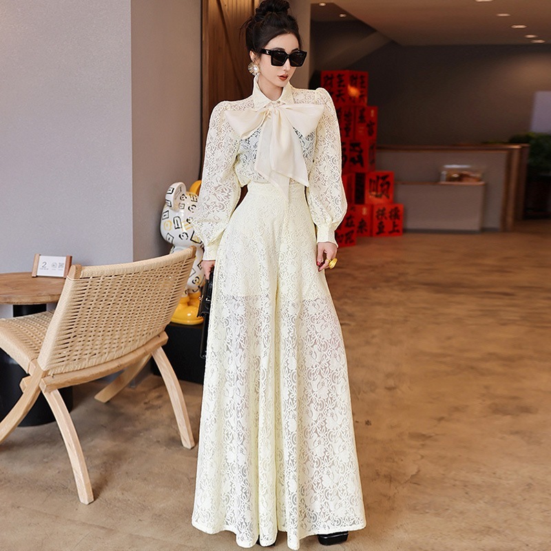 セットアップ レディース トップス パンツ ボトムス ロング 長袖 ボリューム袖 りぼんタイ ワイド 刺繍 ファスナー ポケット ハイウエスト ウエストゴム 透け感 かわいい 大人可愛い きれいめ