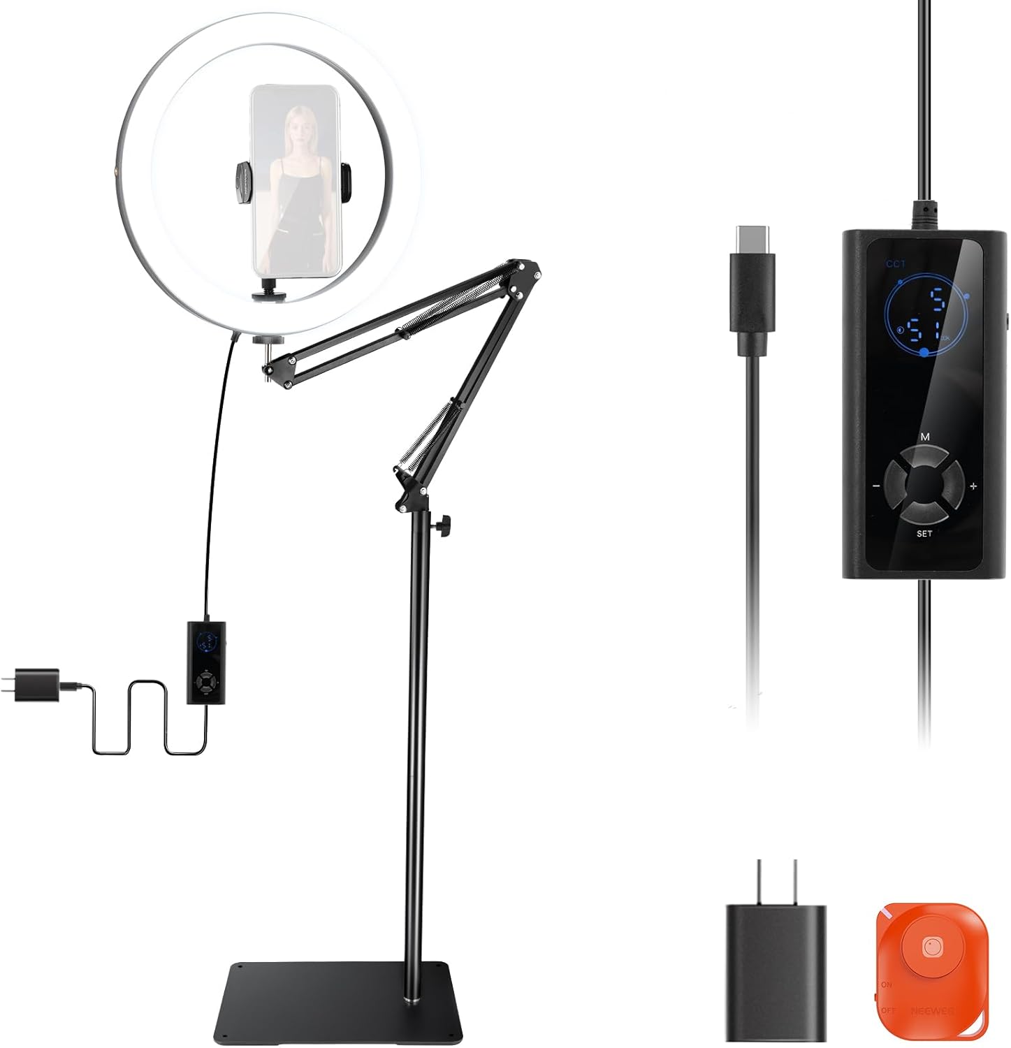 NEEWER 12インチ ledリングライト アーム式俯瞰撮影ライト 24W 高出力 スマホ用 伸縮式ライトスタンドスマホホルダー付属 バイカラー 調光可能 2900K-7000K CRI97+ 18