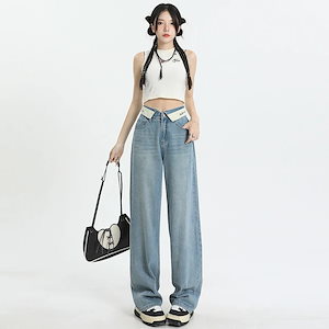ホットガールトレンディなワイドレッグパンツモップパンツルーズレディースジーンズ折り返しウエストデザインパンツプラスロングパンツ1209