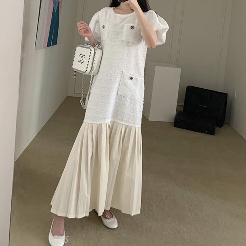 【 3色展開 】 パフスリーブ プリーツ ロングワンピース