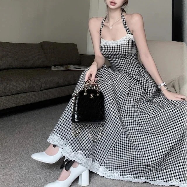 【急速出荷!】24バックリボンレース切り替えチェック柄ワンピー